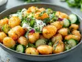 Knuspriger Gnocchi Salat mit Gurkenscheiben, frischen Kräutern und einem cremigen Dressing. Ein köstliches Gericht, das Lust auf mehr macht.