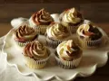 Sieben Marmormuffins mit zweifarbiger Schokoladen-Vanille-Glasur auf einer weißen Tortenplatte. Ein köstliches Marmormuffins Rezept.