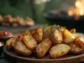 Knusprige kartoffelspalten ofen, garniert mit Kräutern, auf einem Holzteller. Im Hintergrund glüht ein Grill.