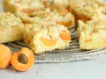 Saftiger aprikosenkuchen mit Streuseln, frisch gebacken und auf einem Gitterrost abgekühlt. Daneben liegen zwei saftige Aprikosen.