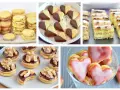 Vielfältige weihnachtskekse sorten: runde Kekse, Schokoladen-Herz-Kekse, Kuchenstücke und Kekse mit Nüssen und Glasur.