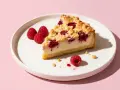 Ein Stück Himbeer-Käsekuchen mit Streuseln auf einem Teller. Perfekt für leichte magerquark rezepte.