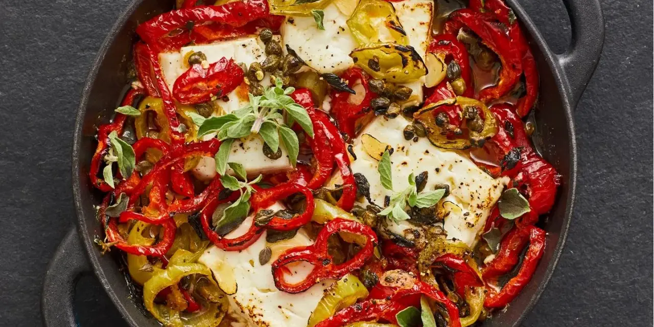 Gebackener Feta mit bunten Paprikastreifen, Kapern und frischen Kräutern in einer gusseisernen Pfanne.