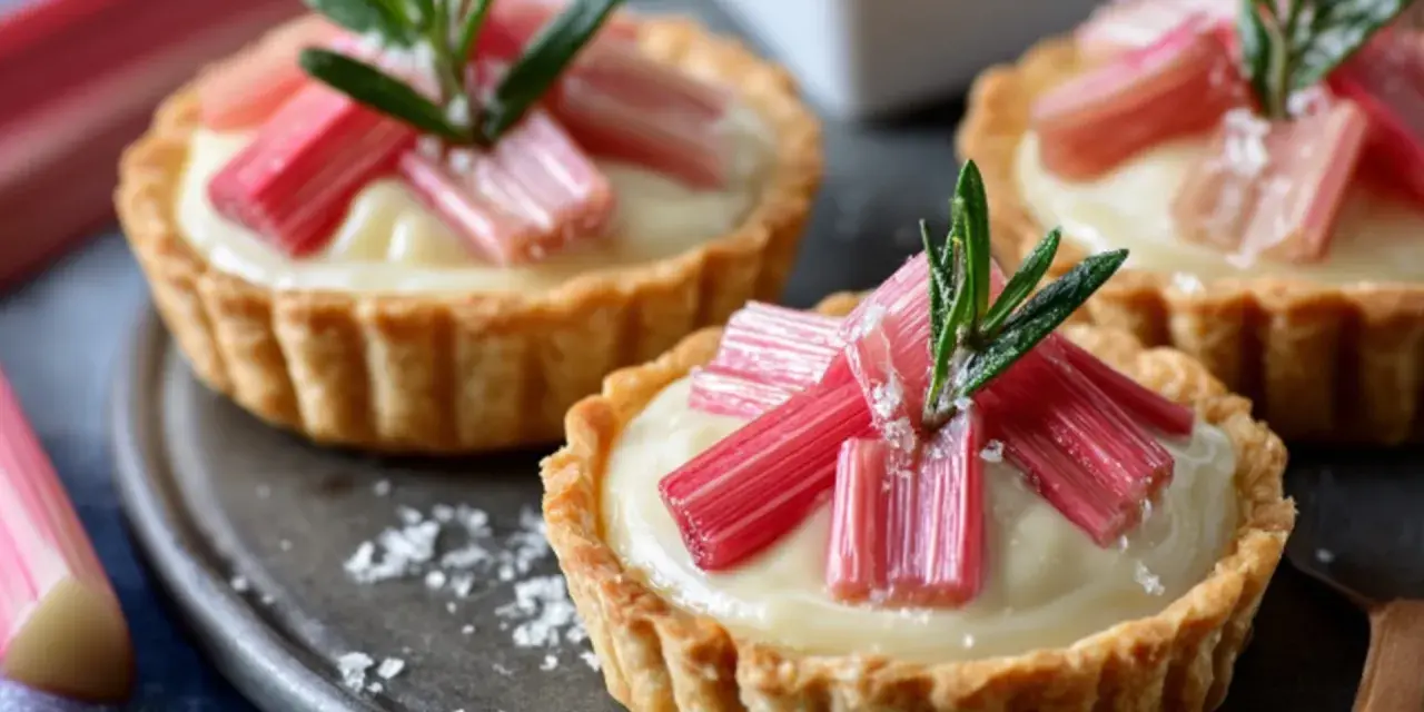 Drei kleine Rhabarber Tartelettes mit cremiger Füllung und frischen Rhabarberstücken, garniert mit Rosmarin.
