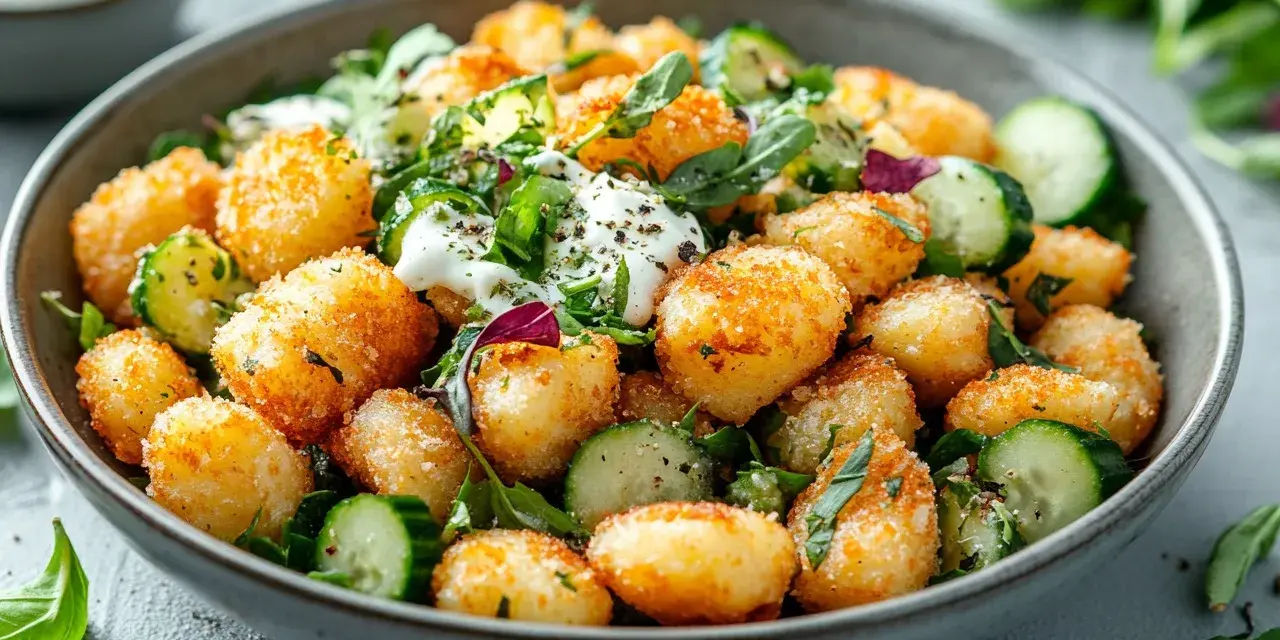 Knuspriger Gnocchi Salat mit Gurkenscheiben, frischen Kräutern und einem cremigen Dressing. Ein köstliches Gericht, das Lust auf mehr macht.
