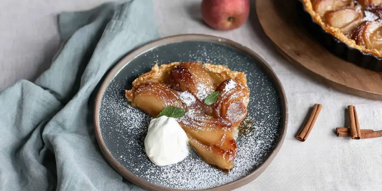 Ein Stück Quitten Tarte Tatin, bestäubt mit Puderzucker und garniert mit Sahne und Minze.