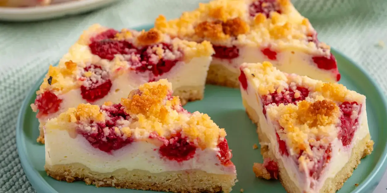 Himbeerkuchen: einfach, aber extrem lecker. Saftige Himbeeren treffen auf cremigen Käsekuchen mit knuspriger Streuselhaube.