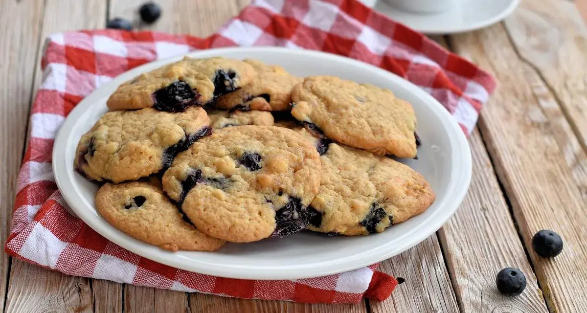 Saftige Blaubeer Cookies auf einem Teller, daneben frische Blaubeeren und eine rot-weiße karierte Serviette.