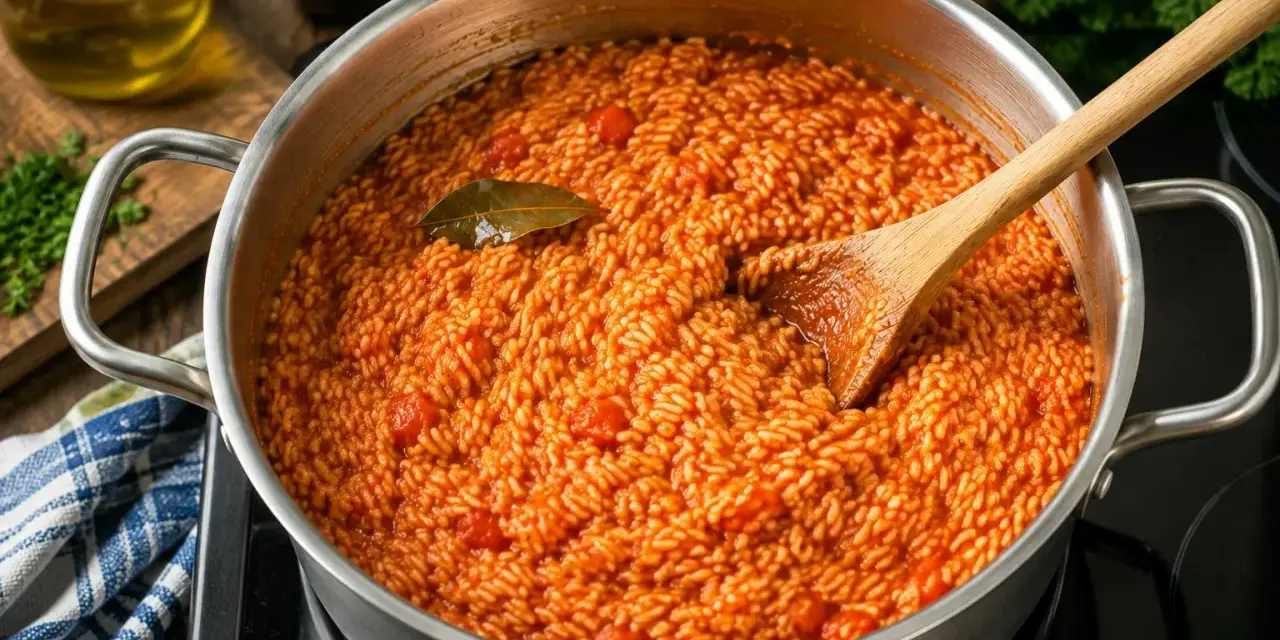 Ein Topf mit köstlichem Tomatenreis, bereit für das nächste Tomatenreis Rezept. Ein Lorbeerblatt liegt obenauf.