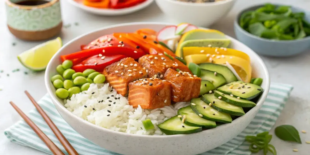 Eine bunte Lachs Bowl mit Reis, Edamame, Gurken, Paprika, Karotten und Limette.