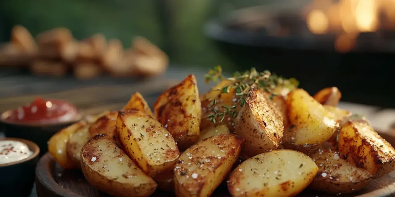 Knusprige kartoffelspalten ofen, garniert mit Kräutern, auf einem Holzteller. Im Hintergrund glüht ein Grill.