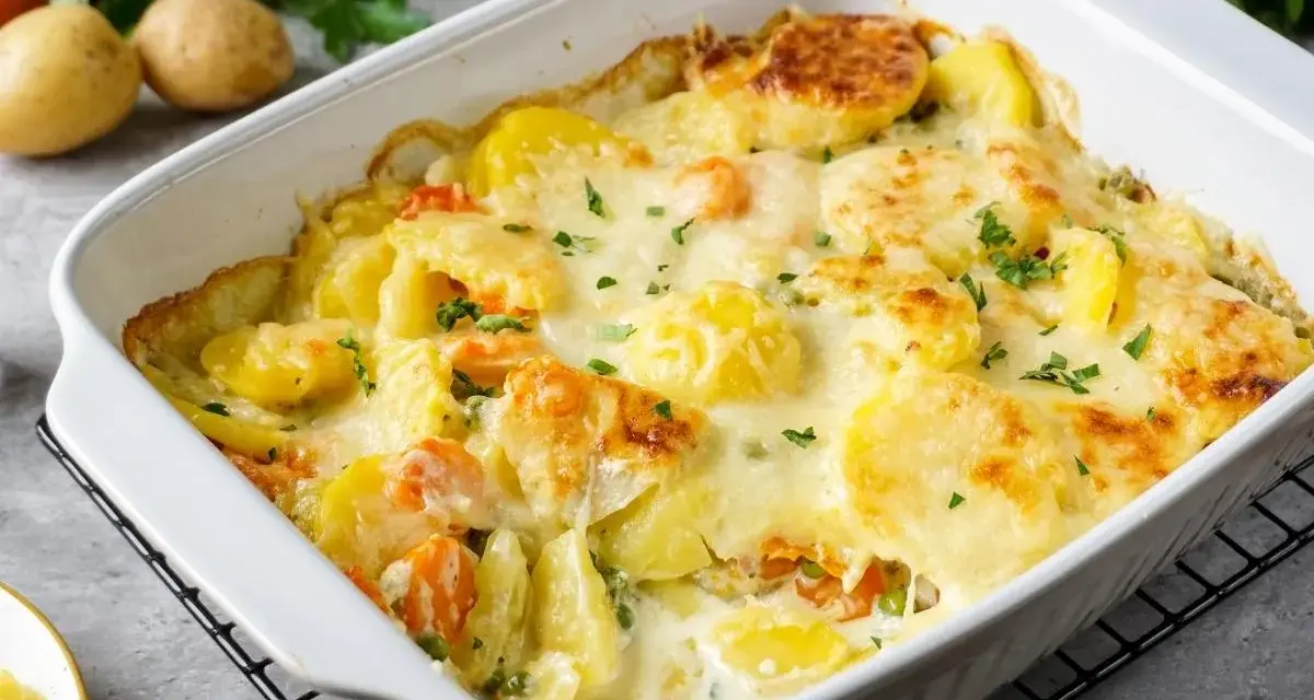 Ein köstlicher vegetarischer Auflauf mit Kartoffeln, Karotten und Erbsen, überbacken mit Käse und garniert mit Petersilie.