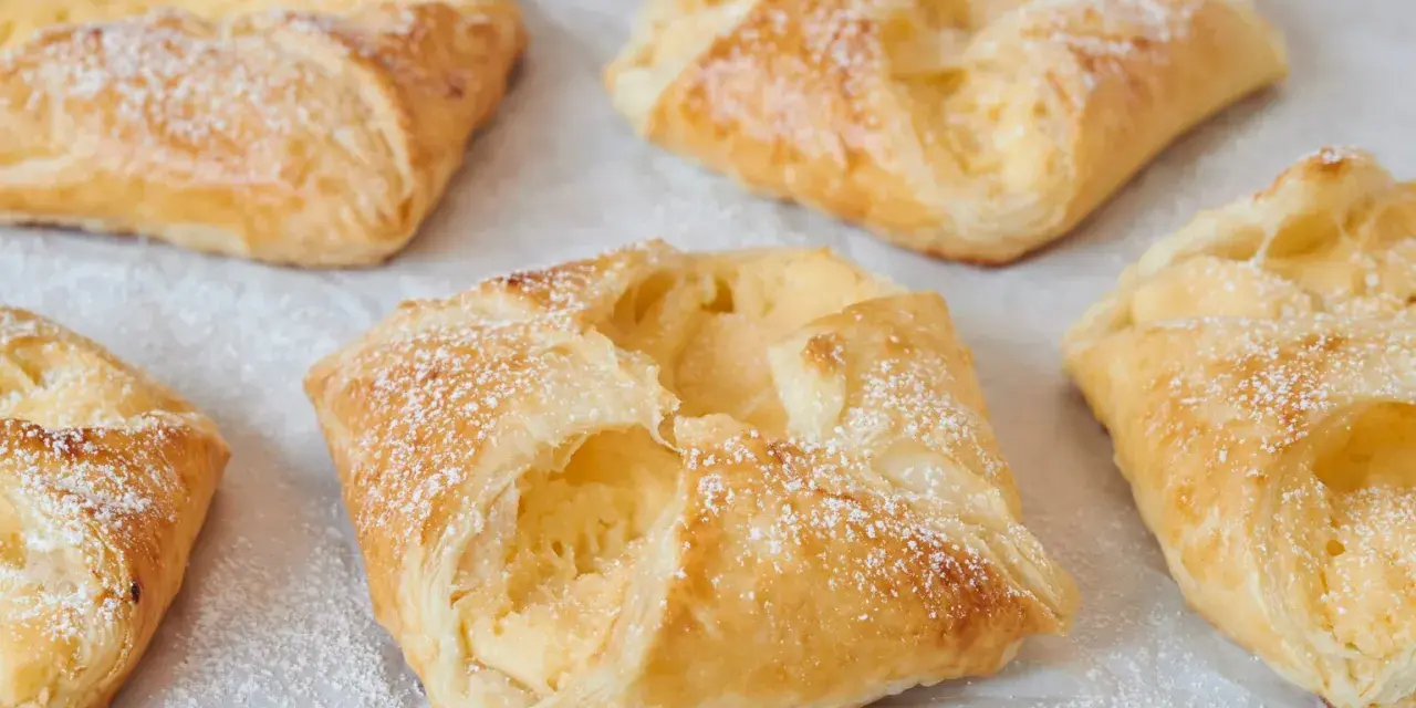 Goldbraune Quarktaschen, mit Puderzucker bestäubt, sehen aus wie ein köstliches Quarktaschen Rezept.