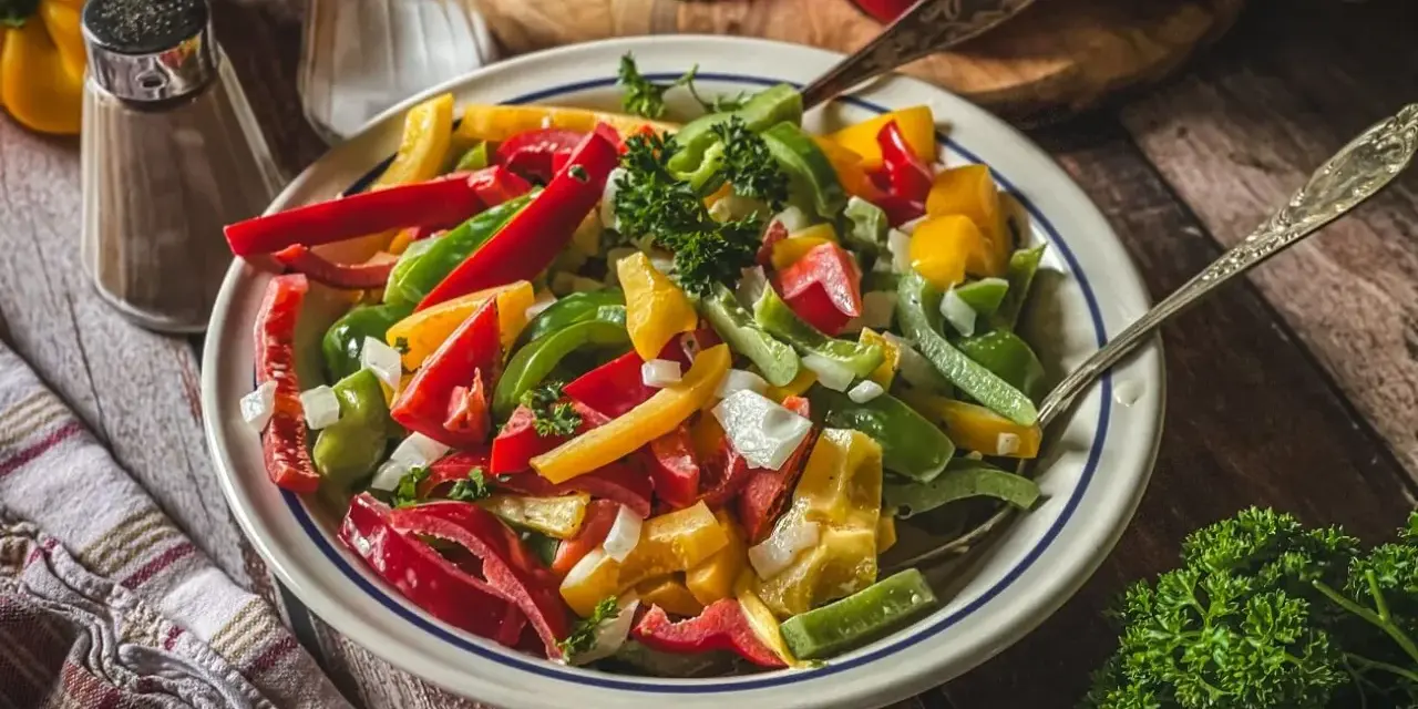 Bunter Paprika Salat mit frischer Petersilie, serviert auf einem rustikalen Holztisch.