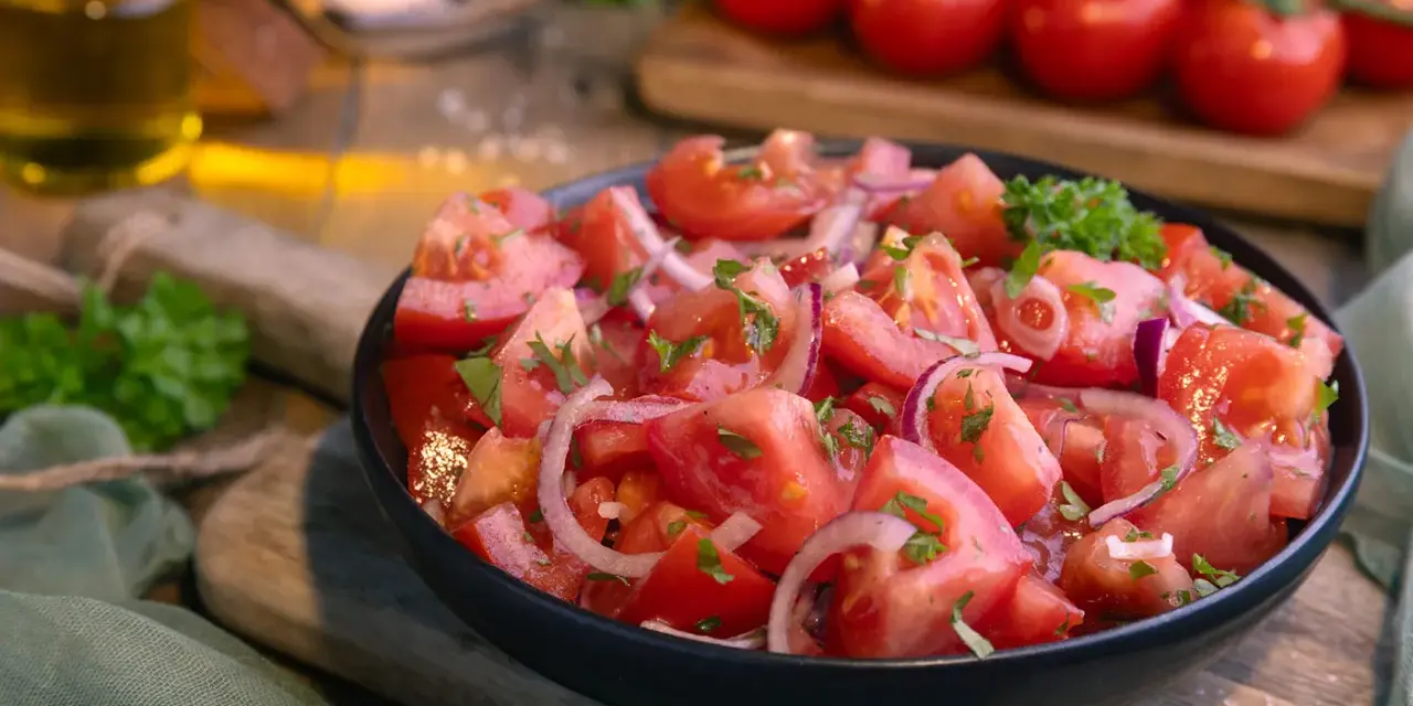 Frischer Tomatensalat mit roten Zwiebeln und Petersilie, serviert in einer schwarzen Schüssel. Das Tomatensalat Dressing ist leicht und würzig.