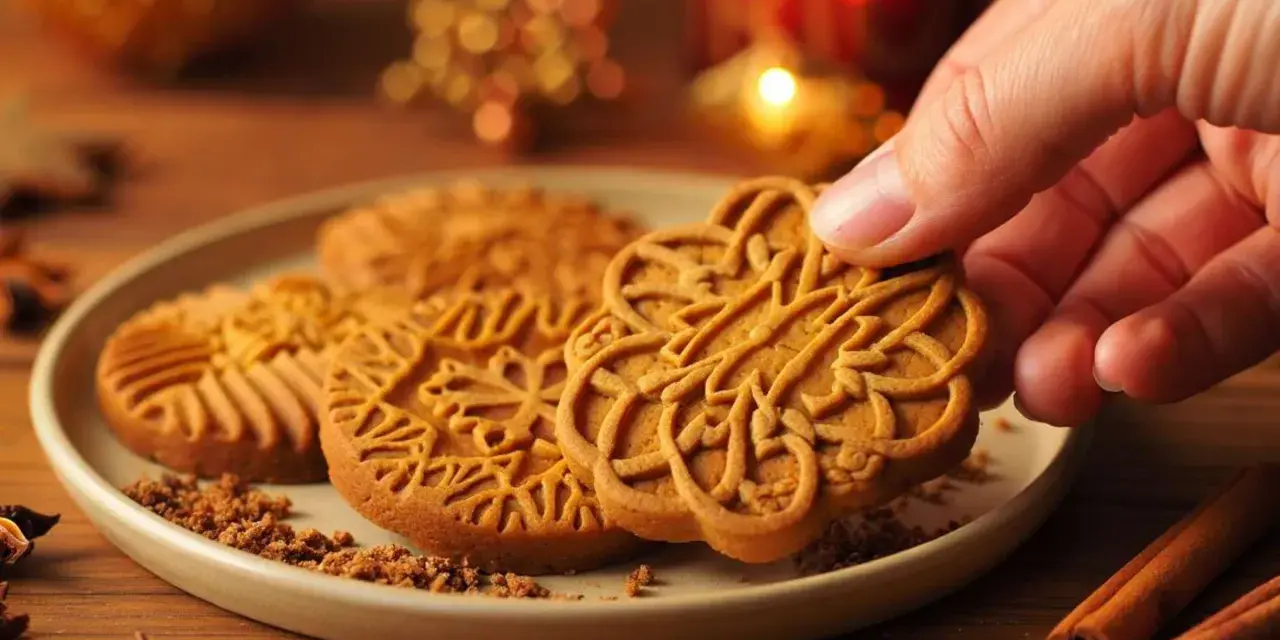 Ein Finger greift nach einem kunstvoll verzierten Spekulatius. Selbstgemacht schmecken diese Plätzchen am besten!