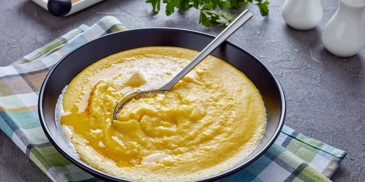 Cremige Polenta mit Butter, ein einfaches und köstliches polenta rezept, serviert in einer schwarzen Schüssel auf kariertem Tuch.