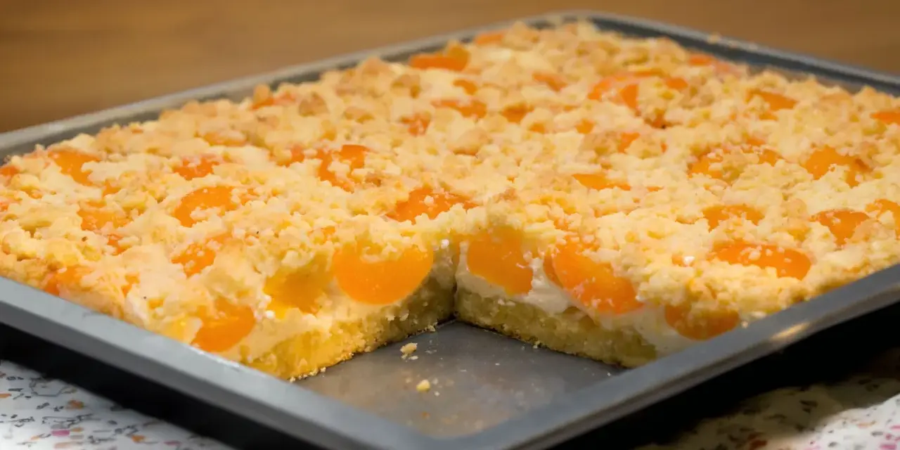 Ein saftiger Quark Streuselkuchen mit Aprikosen, frisch aus dem Ofen.