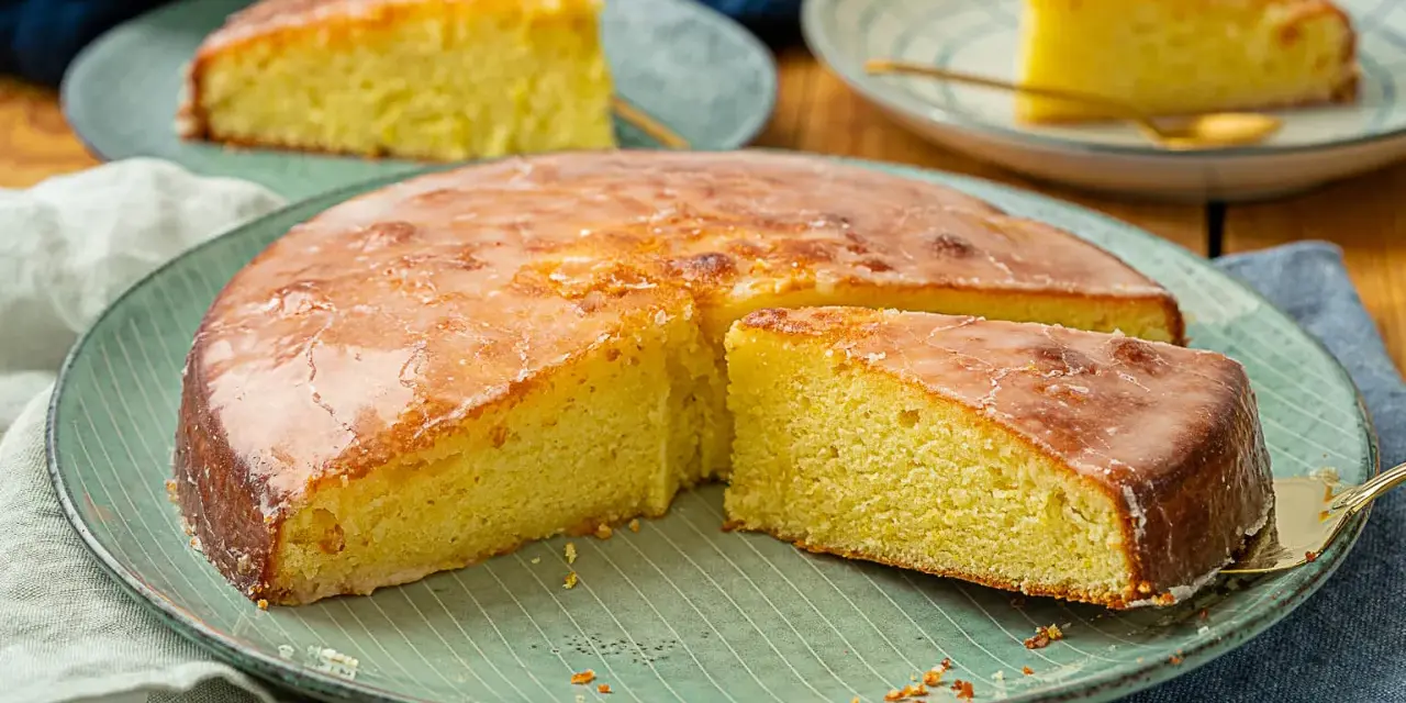 Ein saftiger Zitronenkuchen mit glänzender Glasur, auf einem grünen Teller serviert. Ein Stück wird gerade herausgehoben.
