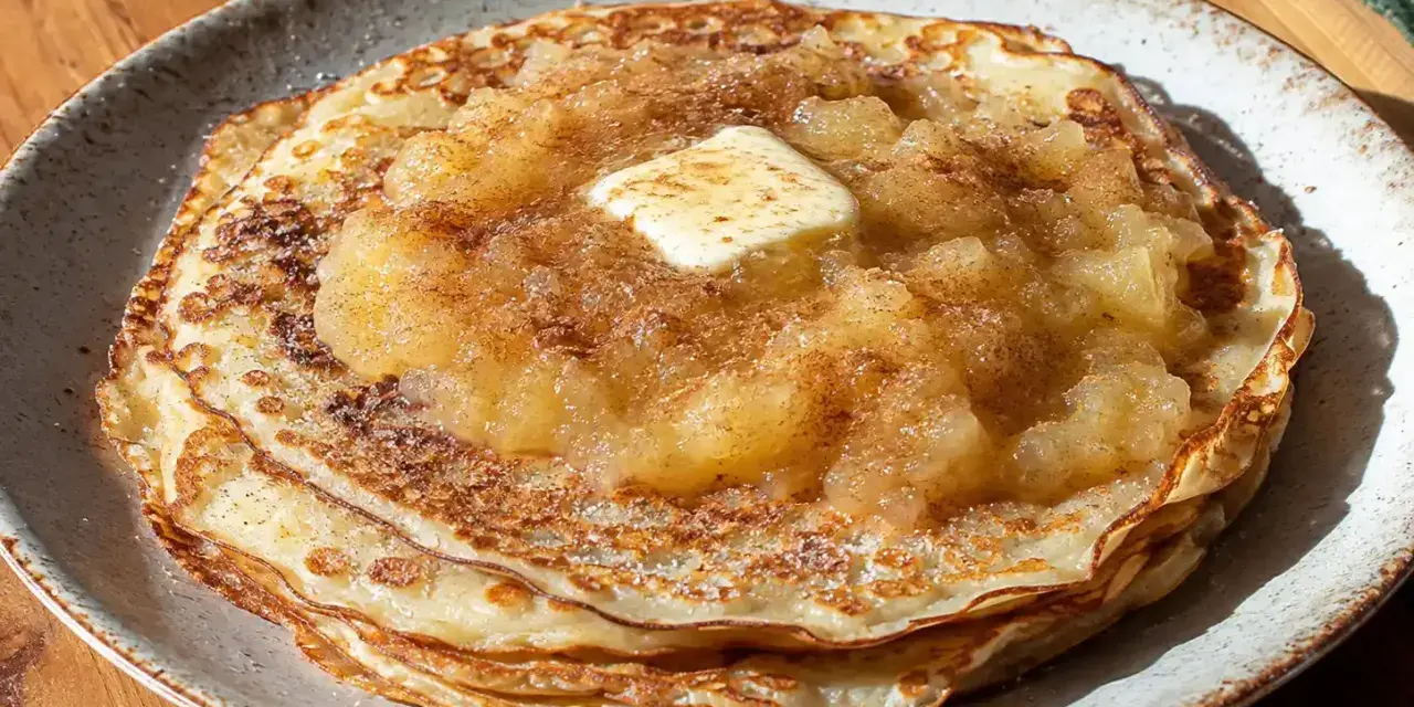 Ein Stapel goldbrauner Pfannkuchen, belegt mit Apfelmus, Zimt und einem Stück Butter. Ein köstliches Pfannkuchen Rezept für jeden Tag.
