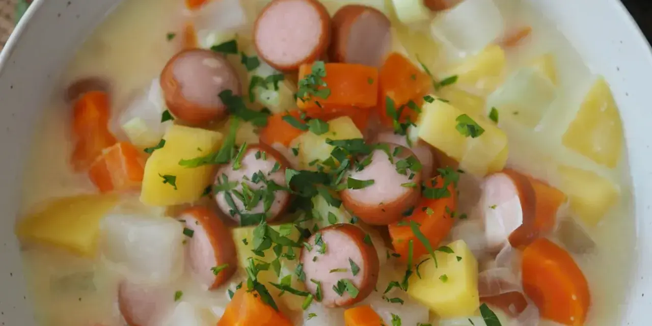Herzhafte Suppe mit Kohlrabi, Kartoffeln, Karotten und Würstchen. Ein tolles Gericht für Kohlrabi Rezepte.
