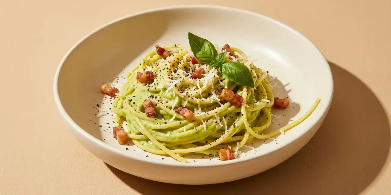 Cremige Avocado-Pasta mit knusprigem Speck, Parmesan und frischem Basilikum garniert. Ein köstliches Gericht, das Lust auf mehr macht.