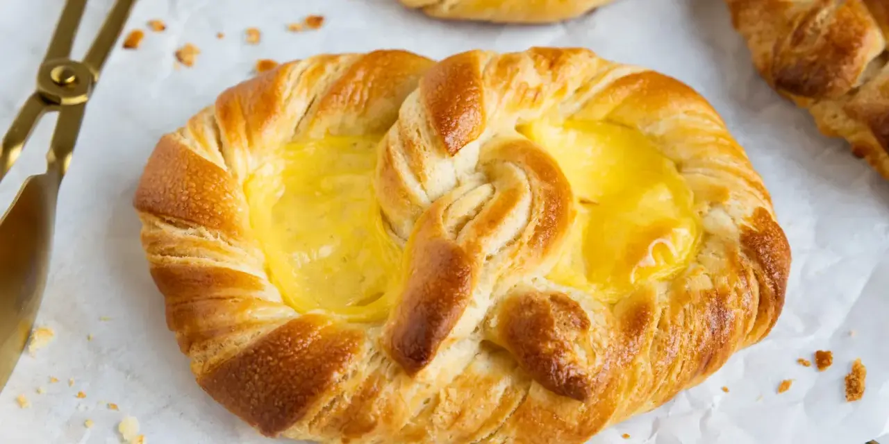 Goldene puddingbrezeln, frisch gebacken, warten auf das puddingbrezel rezept. Daneben liegt eine goldene Zange.