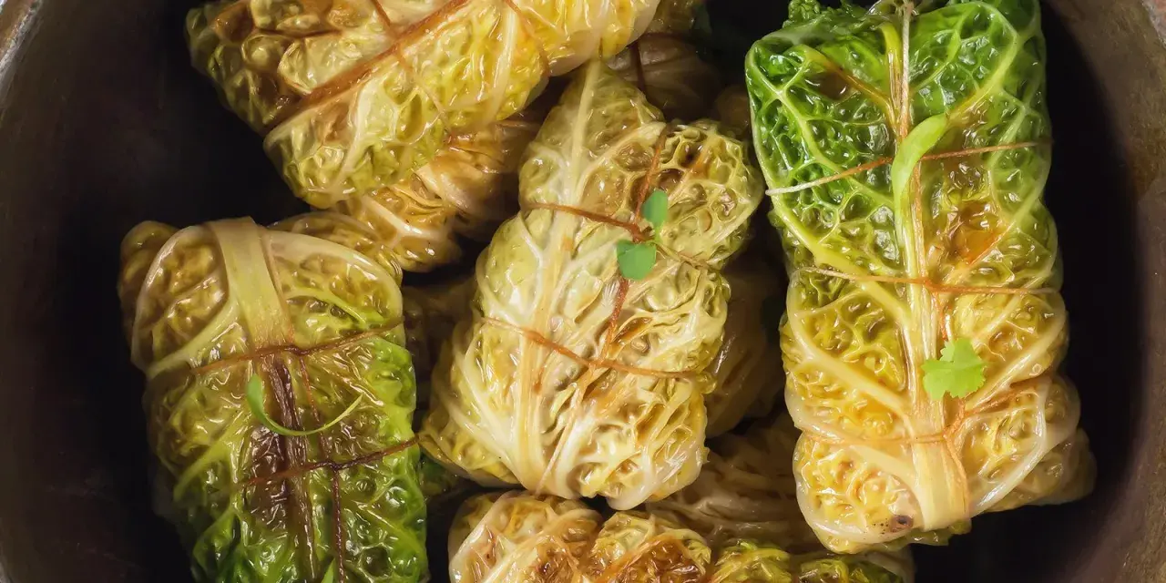 Gefüllte Kohlrouladen, ein Klassiker der wirsing rezepte, sind liebevoll mit Schnur gebunden und bereit zum Genuss.