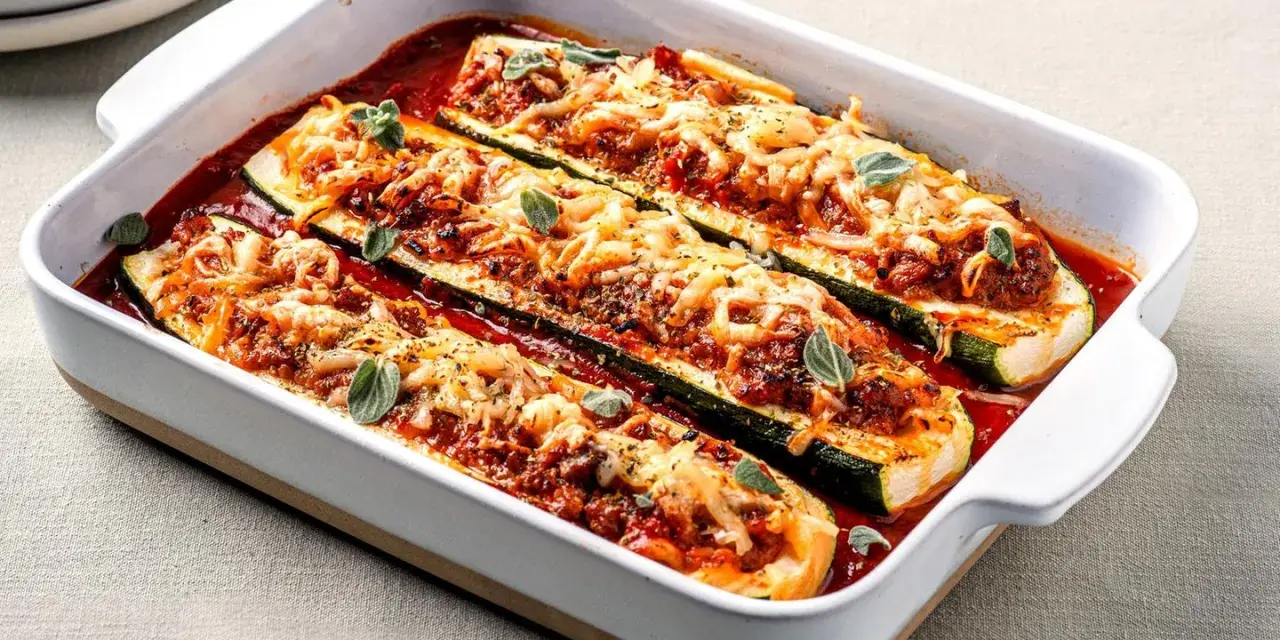 Herzhafte Zucchini-Schiffchen, gefüllt mit Hackfleisch und Tomatensauce, überbacken mit geschmolzenem Käse und garniert mit frischen Kräutern.