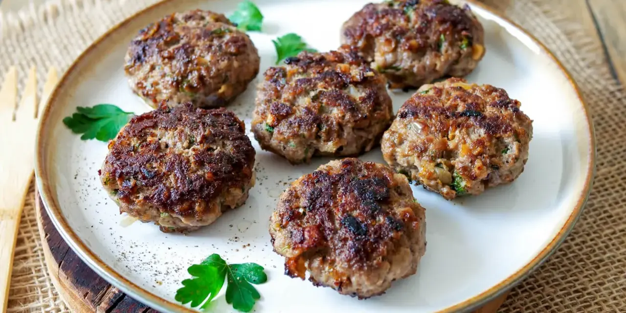 Sechs goldbraune Buletten, frisch gebraten, liegen auf einem Teller. Ein einfaches Buletten Rezept, das immer gelingt.