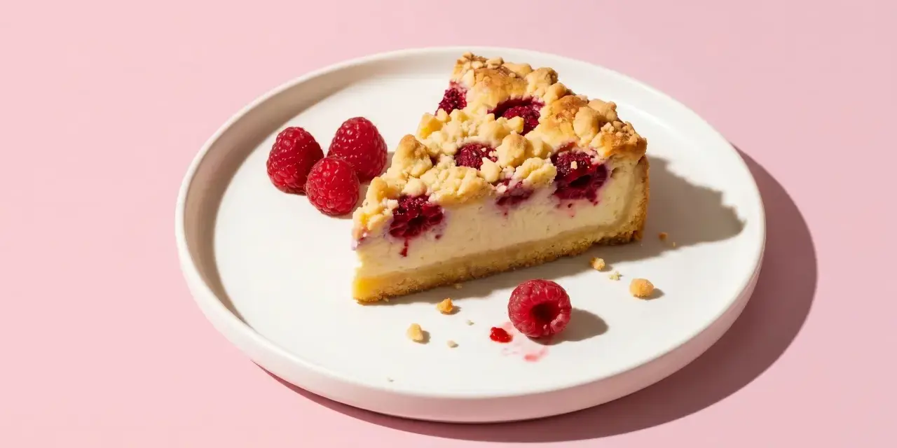 Ein Stück Himbeer-Käsekuchen mit Streuseln auf einem Teller. Perfekt für leichte magerquark rezepte.