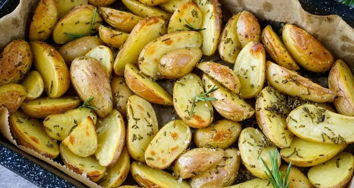 Goldbraune, knusprige rosmarin kartoffeln, frisch aus dem Ofen, duften verführerisch.