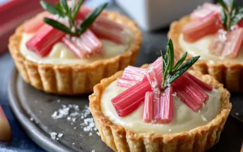 Drei kleine Rhabarber Tartelettes mit cremiger Füllung und frischen Rhabarberstücken, garniert mit Rosmarin.