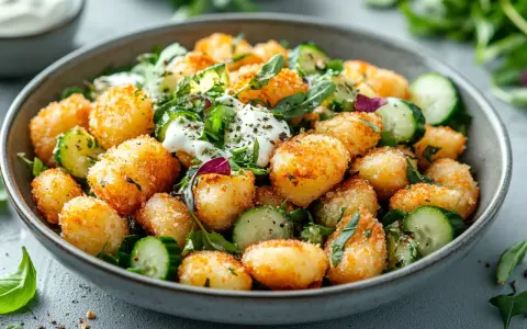 Knuspriger Gnocchi Salat mit Gurkenscheiben, frischen Kräutern und einem cremigen Dressing. Ein köstliches Gericht, das Lust auf mehr macht.