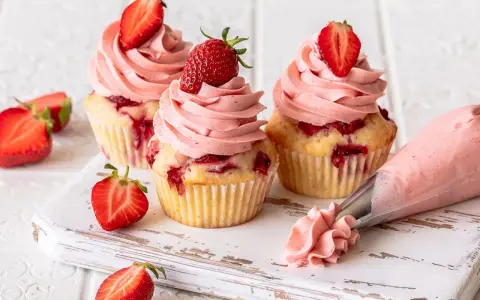 Erdbeer Cupcakes mit rosa Frosting und frischen Erdbeeren. Ein Spritzbeutel zeigt, wie die leckeren Erdbeer Cupcakes entstehen.