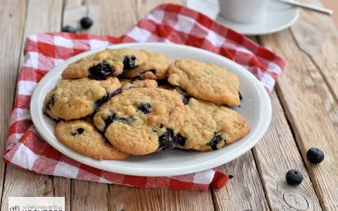 Saftige Blaubeer Cookies auf einem Teller, daneben frische Blaubeeren und eine rot-weiße karierte Serviette.