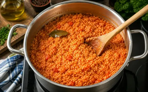 Ein Topf mit köstlichem Tomatenreis, bereit für das nächste Tomatenreis Rezept. Ein Lorbeerblatt liegt obenauf.