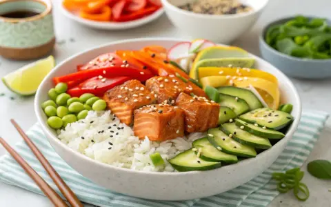Eine bunte Lachs Bowl mit Reis, Edamame, Gurken, Paprika, Karotten und Limette.