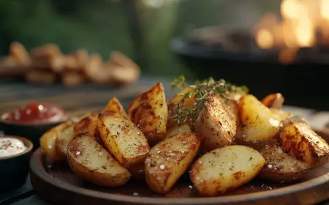 Knusprige kartoffelspalten ofen, garniert mit Kräutern, auf einem Holzteller. Im Hintergrund glüht ein Grill.