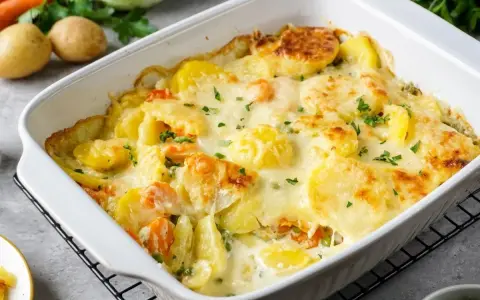 Ein köstlicher vegetarischer Auflauf mit Kartoffeln, Karotten und Erbsen, überbacken mit Käse und garniert mit Petersilie.