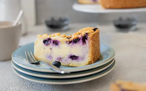 Ein Stück cremiger Blaubeerkuchen mit Streuseln, perfekt für ein Blaubeerkuchen Rezept.