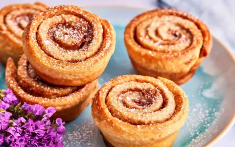 Saftige Zimtschnecken Muffins, bestäubt mit Puderzucker, liegen auf einem blauen Teller. Lila Blumen schmücken die süße Leckerei.