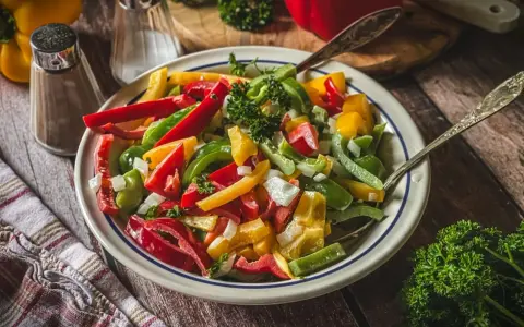 Bunter Paprika Salat mit frischer Petersilie, serviert auf einem rustikalen Holztisch.
