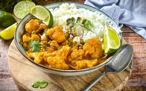 Herzhaftes Curry mit Blumenkohl und Reis, garniert mit Limettenspalten. Ein köstliches Beispiel für Blumenkohl Rezepte.