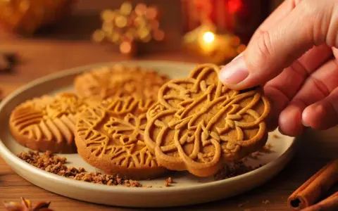 Ein Finger greift nach einem kunstvoll verzierten Spekulatius. Selbstgemacht schmecken diese Plätzchen am besten!