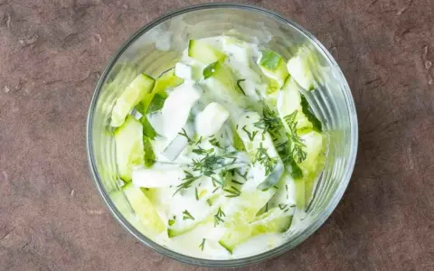Erfrischender Gurkensalat mit Joghurt und Dill in einer Glasschüssel, bereit zum Genießen.