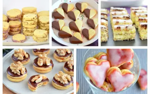 Vielfältige weihnachtskekse sorten: runde Kekse, Schokoladen-Herz-Kekse, Kuchenstücke und Kekse mit Nüssen und Glasur.