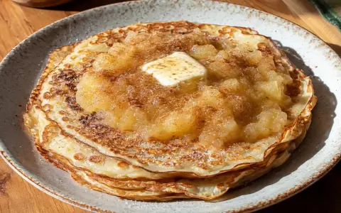 Ein Stapel goldbrauner Pfannkuchen, belegt mit Apfelmus, Zimt und einem Stück Butter. Ein köstliches Pfannkuchen Rezept für jeden Tag.