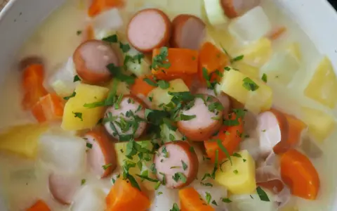 Herzhafte Suppe mit Kohlrabi, Kartoffeln, Karotten und Würstchen. Ein tolles Gericht für Kohlrabi Rezepte.