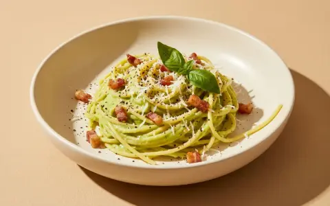 Cremige Avocado-Pasta mit knusprigem Speck, Parmesan und frischem Basilikum garniert. Ein köstliches Gericht, das Lust auf mehr macht.